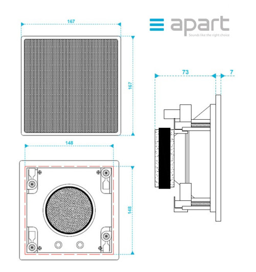Dwudrożny głośnik kwadratowy Hi-End ścienny/sufitowy do zabudowy APART CMSQ108