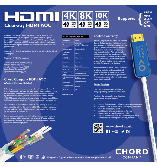 Chord Company Clearway HDMI AOC - Aktywny kabel optyczny HDMI 2.1 8K/60Hz 4K/120Hz 48Gbps