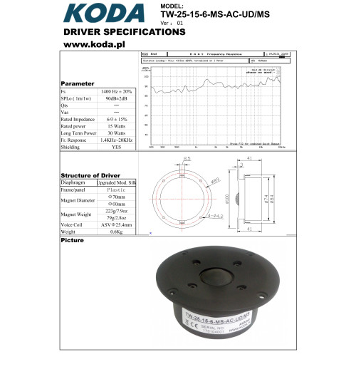 KODA TW-25-15-6-MS-AC-UD/MS (D7)  – zamienny głośnik wysokotonowy