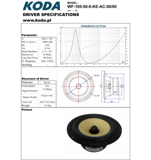 KODA WF-165-50-6-KE-AC-00/00 (D1) – zamienny głośnik niskotonowy