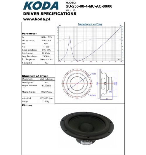 KODA SU-255-50-4-MC-AC-00/00 (D3) – zamienny głośnik niskotonowy subwoofer