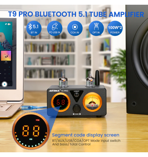 AIYIMA T9 PRO – high-endowy wzmacniacz lampowy 100W x2 z Bluetooth 5.1