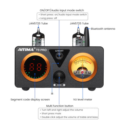 AIYIMA T9 PRO – high-endowy wzmacniacz lampowy 100W x2 z Bluetooth 5.1