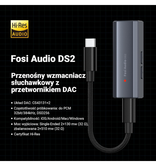 Fosi Audio DS2 2024 – przenośny DAC/AMP Hi-Res, moc 170mW