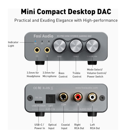 Fosi Audio K5 Pro — kompaktowy DAC/AMP gamingowy z USB-C i wejściem optycznym