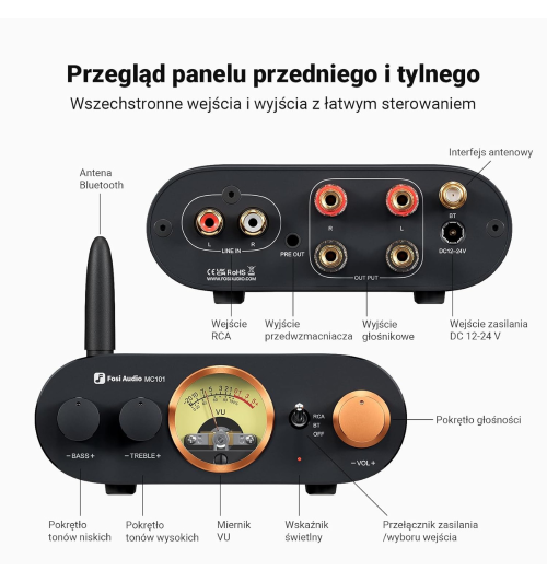 Fosi Audio MC101 – kompaktowy wzmacniacz stereo Bluetooth 5.3 z mocą 2×100W