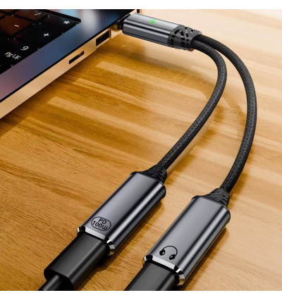 Adapter słuchawkowy HUB USB 3.1 USB-C 1M x 2F PD100W 20V/5A - WireWay WW332505