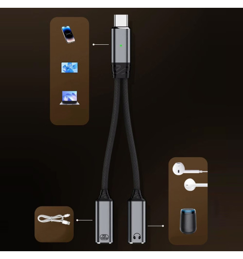 Adapter słuchawkowy HUB USB 3.1 USB-C 1M x 2F PD100W 20V/5A - WireWay WW332505
