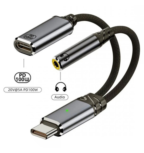 Adapter słuchawkowy USB-C do 3,5mm Jack + USB-C PD100W 20V/5A - WireWay WW332506