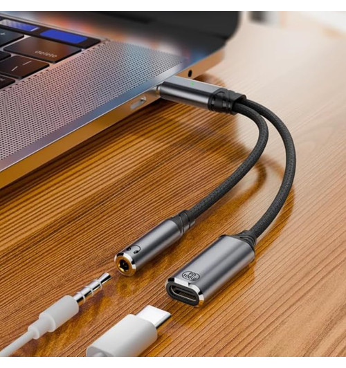 Adapter słuchawkowy USB-C do 3,5mm Jack + USB-C PD100W 20V/5A - WireWay WW332506