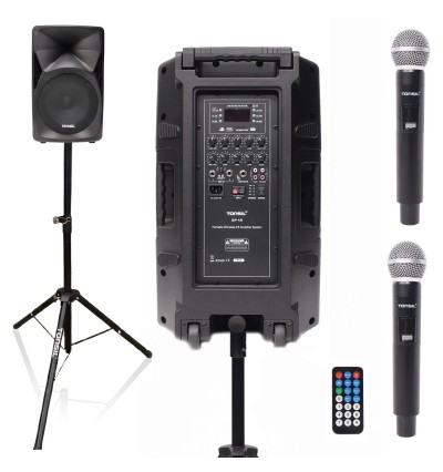 Zestaw: Tonsil ZP 12 - Przenośny bezprzewodowy system nagłośnieniowy PA + 2 mikrofony UHF + Statyw 102 cm