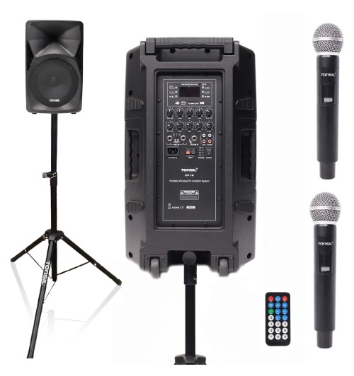 Zestaw: Tonsil ZP 12 - Przenośny bezprzewodowy system nagłośnieniowy PA + 2 mikrofony UHF + Statyw 102 cm