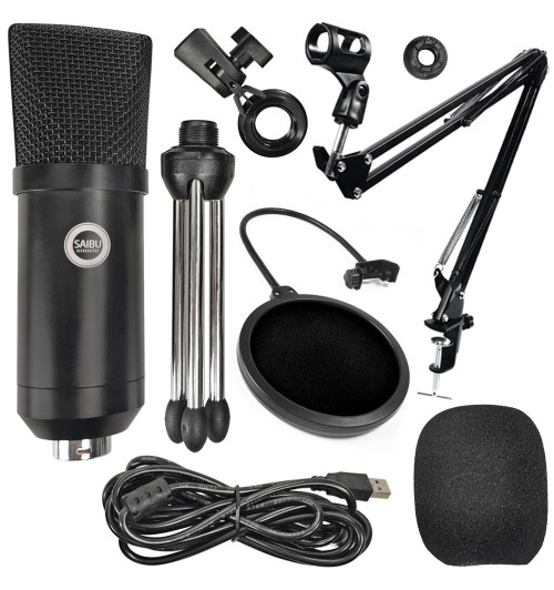 SAIBU MU-1 - Studyjny mikrofon pojemnościowy USB + Uchwyt/statyw biurkowy + POP Filtr