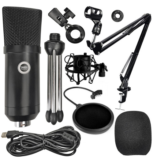 SAIBU MU-1 - Mikrofon pojemnościowy USB + Uchwyt/statyw biurkowy + POP Filtr + Kosz antywibracyjny