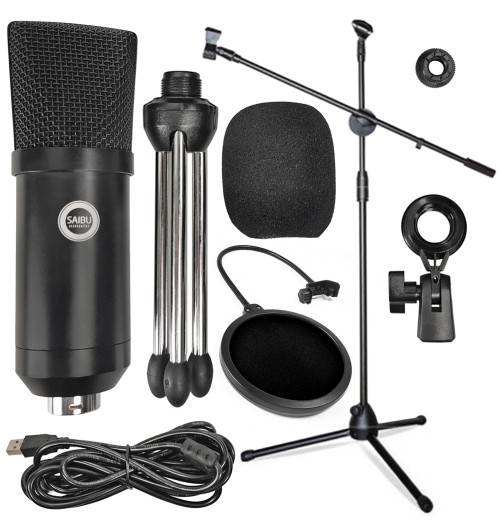 SAIBU MU-1 - Studyjny mikrofon pojemnościowy USB + Statyw 2m + POP Filtr