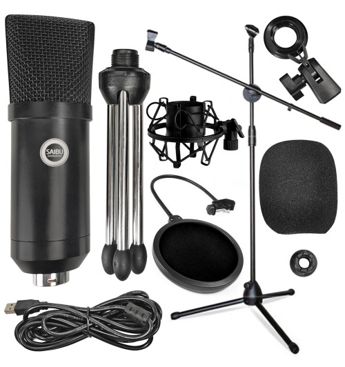 SAIBU MU-1 - Mikrofon pojemnościowy USB + Statyw 2m + POP Filtr + Kosz antywibracyjny