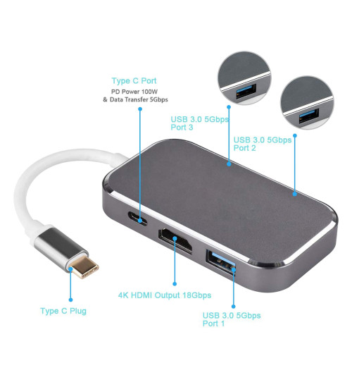 WireWay WW410215 - Adapter HUB USB-C do 3 x USB + USB-C + HDMI