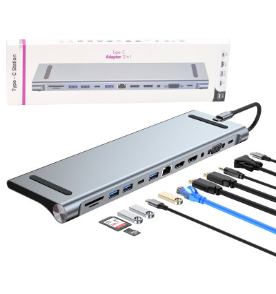 Stacja dokująca / karta sieciowa / adapter do komputera 12w1 HUB USB-C - WireWay WW410216