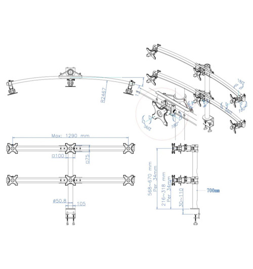 Neomounts FPMA-D700D6 - uchwyt / stojak biurkowy do sześciu monitorów 19" - 27"