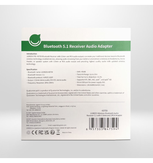 Zestaw: Adapter odbiornik Bluetooth 5.1 z aptX Ugreen + kabel 2 RCA - 2 RCA Prolink TCV 4270 1,8m