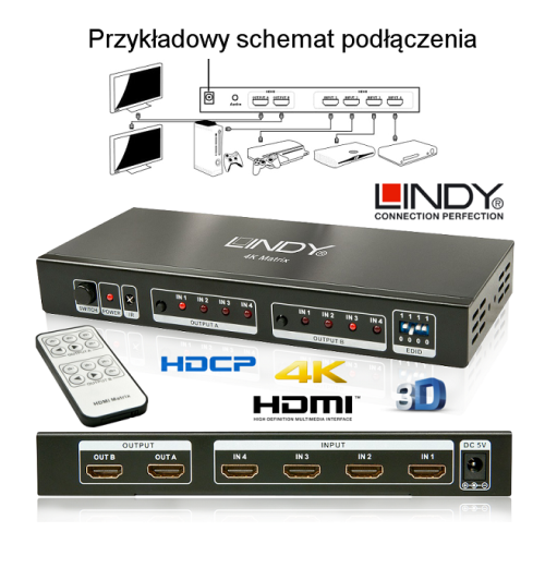 Przełącznik Lindy 38049 HDMI Matrix 1.4 4K (4xIN - 2xOUT)