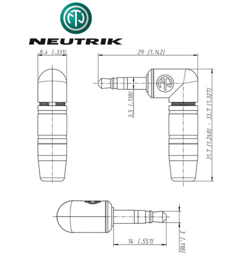 Kątowy wtyk mini Jack STEREO 3.5 mm męski Neutrik NTP3RC-B