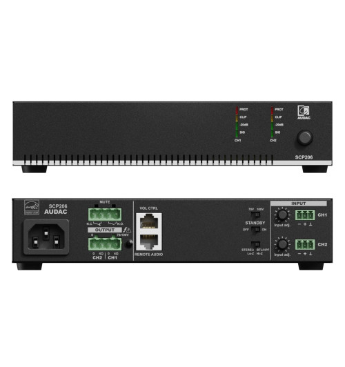 Audac SCP206 - kompaktowy dwukanałowy wzmacniacz mocy 2x 60W