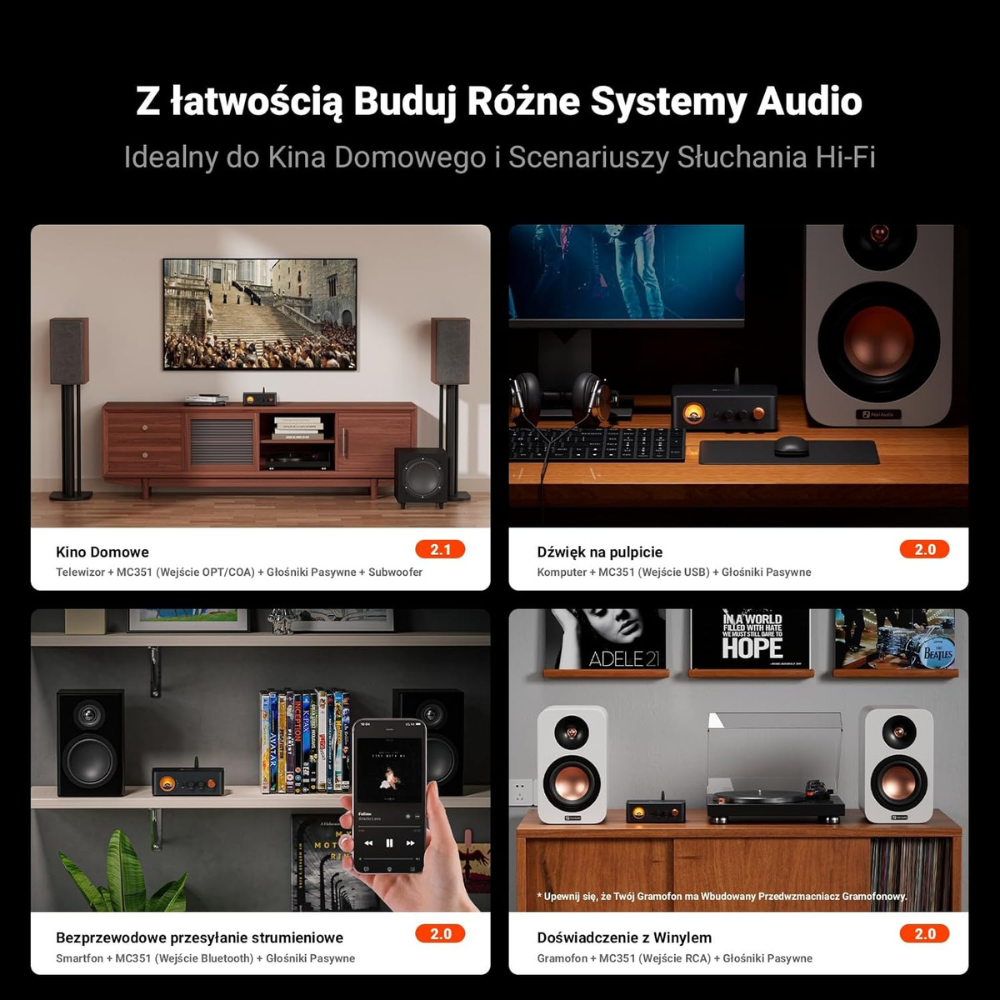 Wyjścia głośnikowe i subwoofer MC351